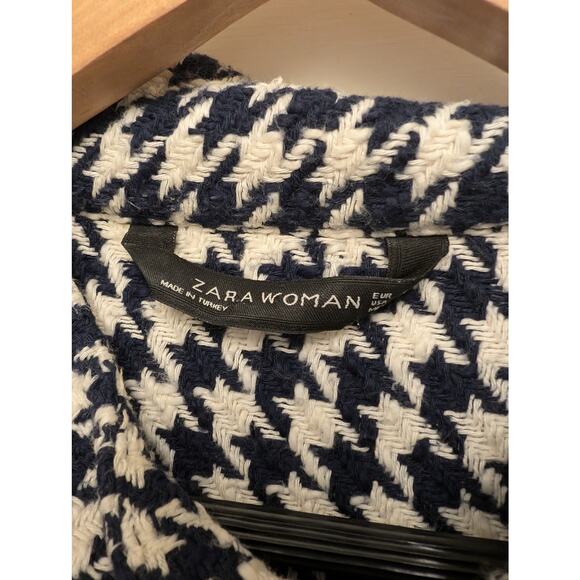 Zara Mock Neck Houndstooth Fringe Hem Pullover Sweater‎ Size Small Cream Navy - Picture 2 of 5